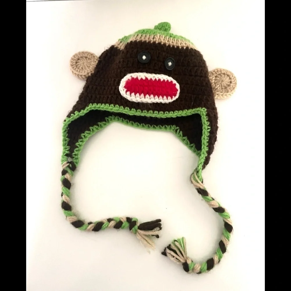 HANDMADE Knitted crochet toddler monkey beanie with braids -one size